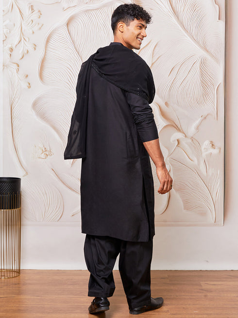 Men's Black Viscose Kurta,Patiala And Dupatta Set.